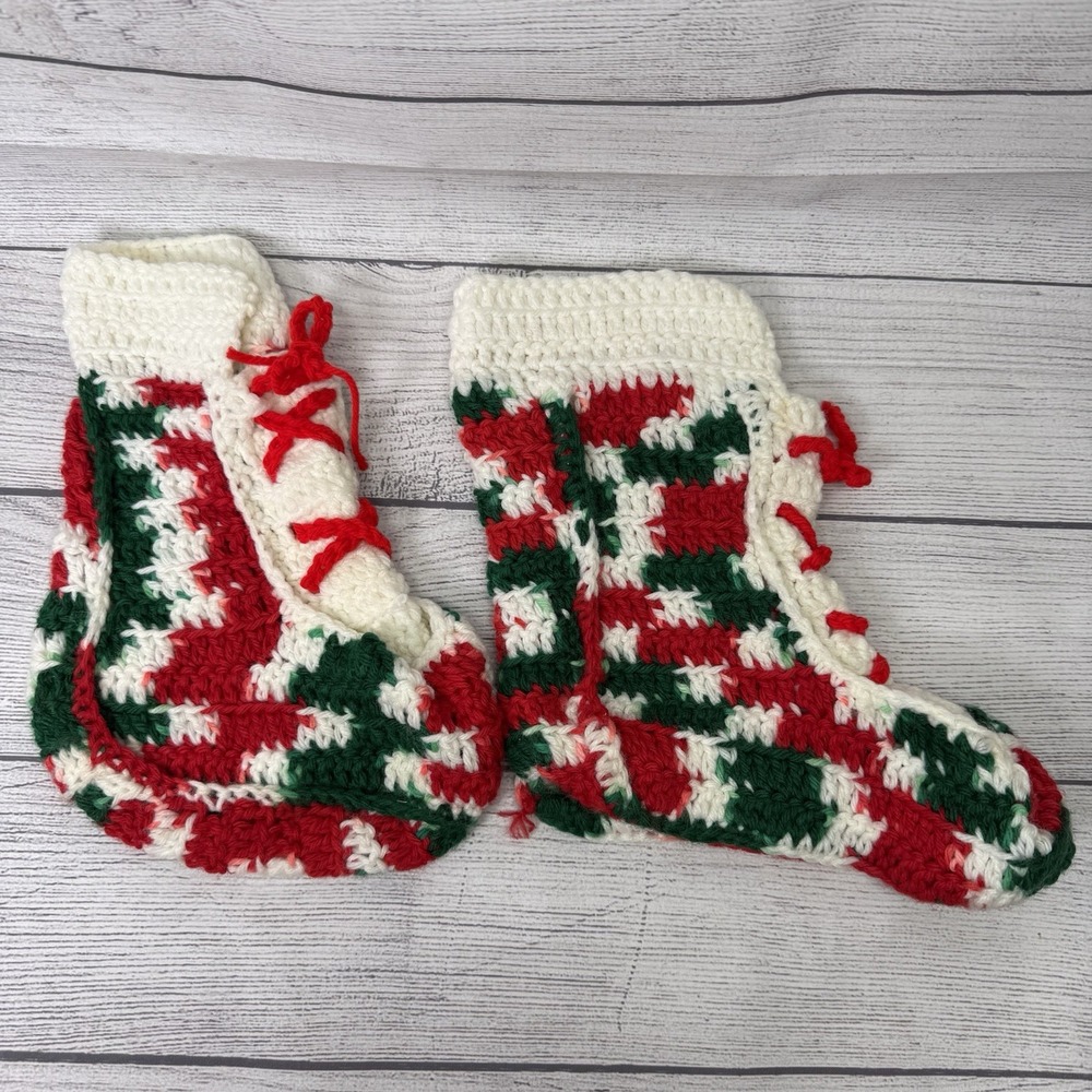 Hand Crocheted Decorative Christmas Stockings / Booties Red White Green